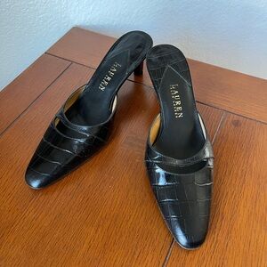 LAUREN Ralph Lauren Black Pointed Kitten Heel Mules Size 8